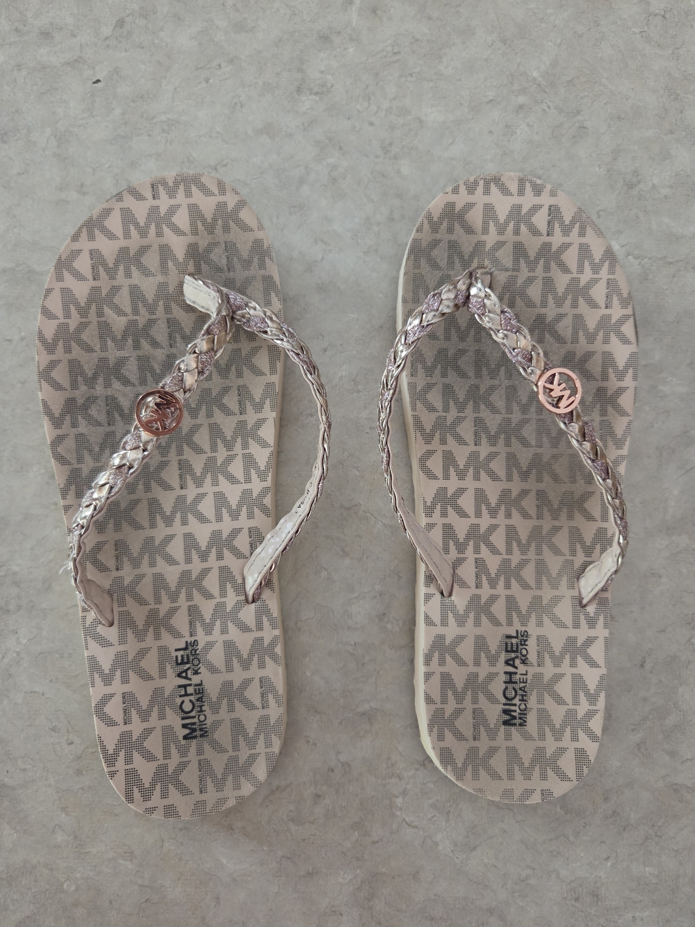 Michael Kors Beige/Pink Braided Logo Flip Flops